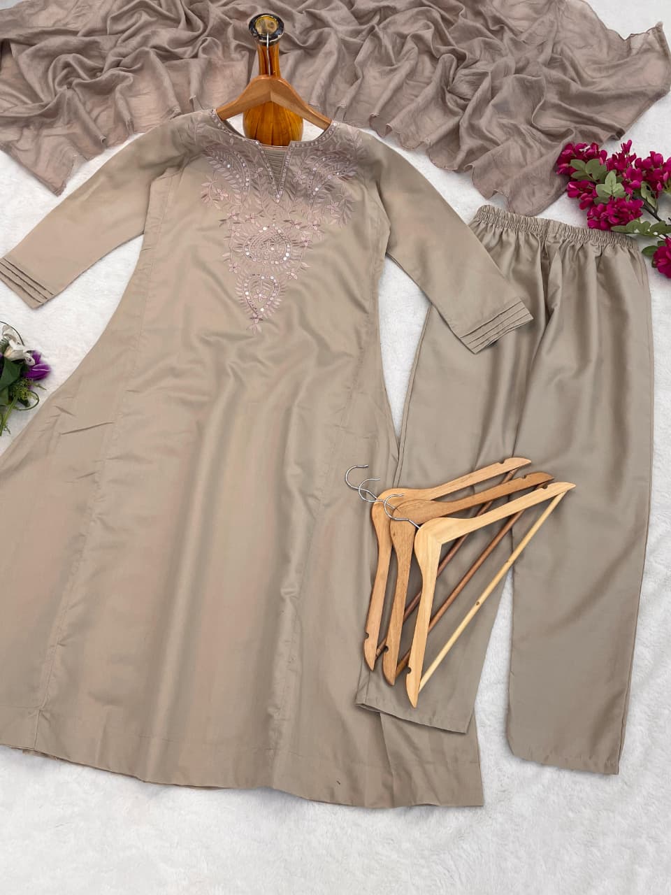 Premium Coffee Brown Roman Silk Kurta Set for Women