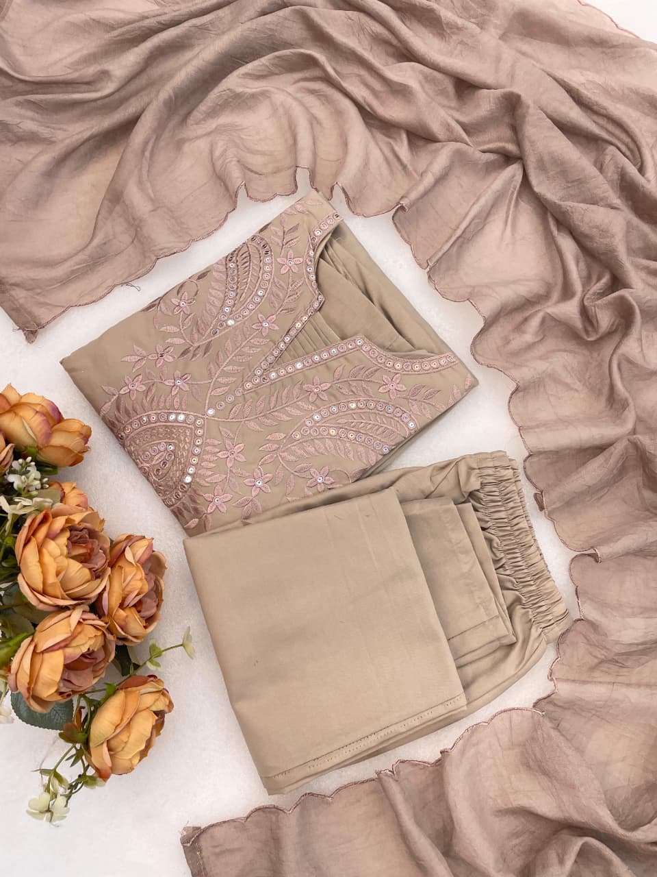 Premium Coffee Brown Roman Silk Kurta Set for Women