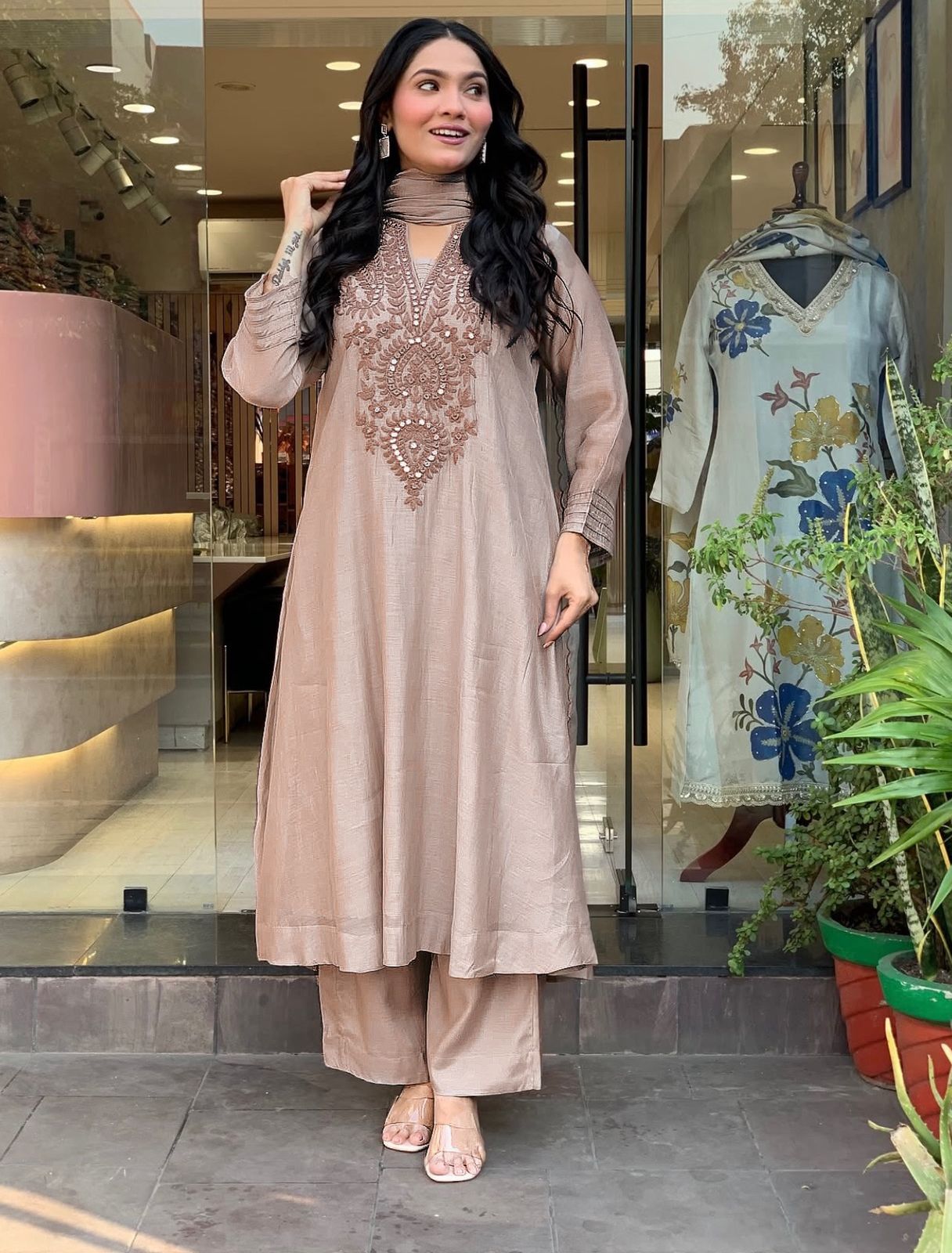 Premium Coffee Brown Roman Silk Kurta Set for Women