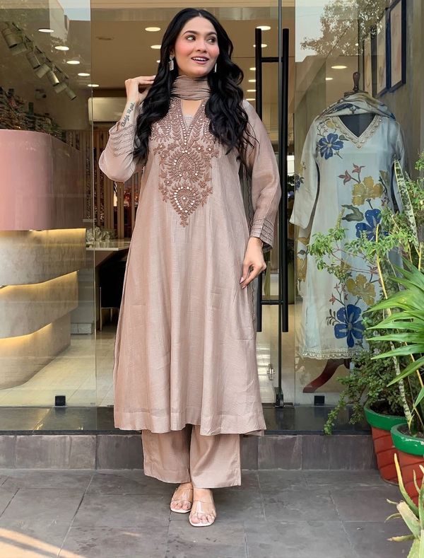 Premium Coffee Brown Roman Silk Kurta Set for Women