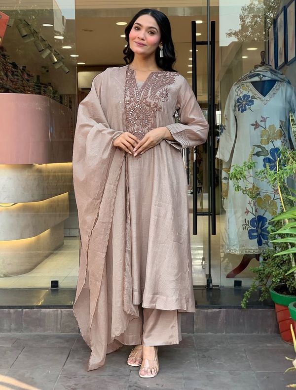 Premium Coffee Brown Roman Silk Kurta Set for Women