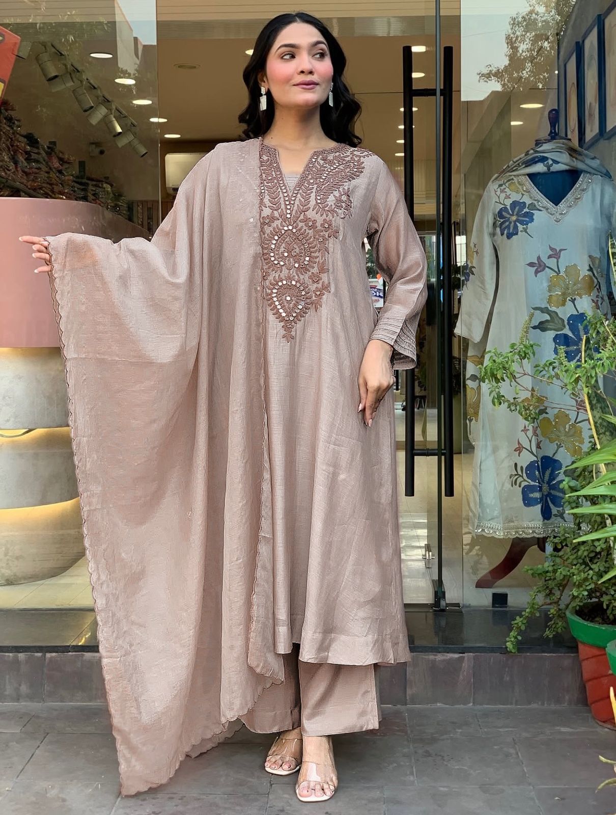 Premium Coffee Brown Roman Silk Kurta Set for Women