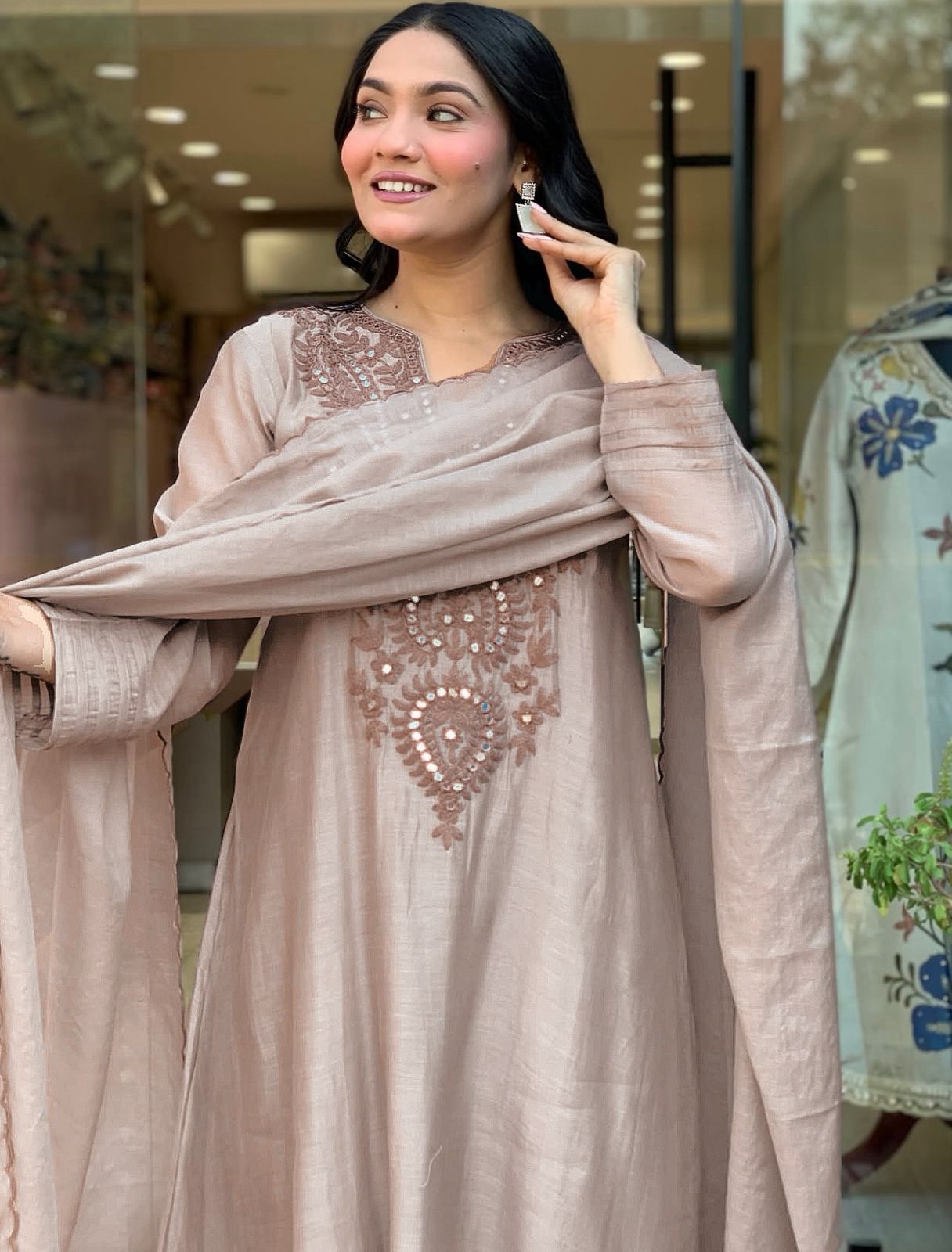 Premium Coffee Brown Roman Silk Kurta Set for Women