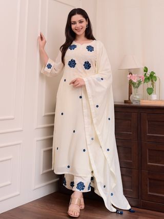 Designer Cream Straight Kurti Set with Dupatta
