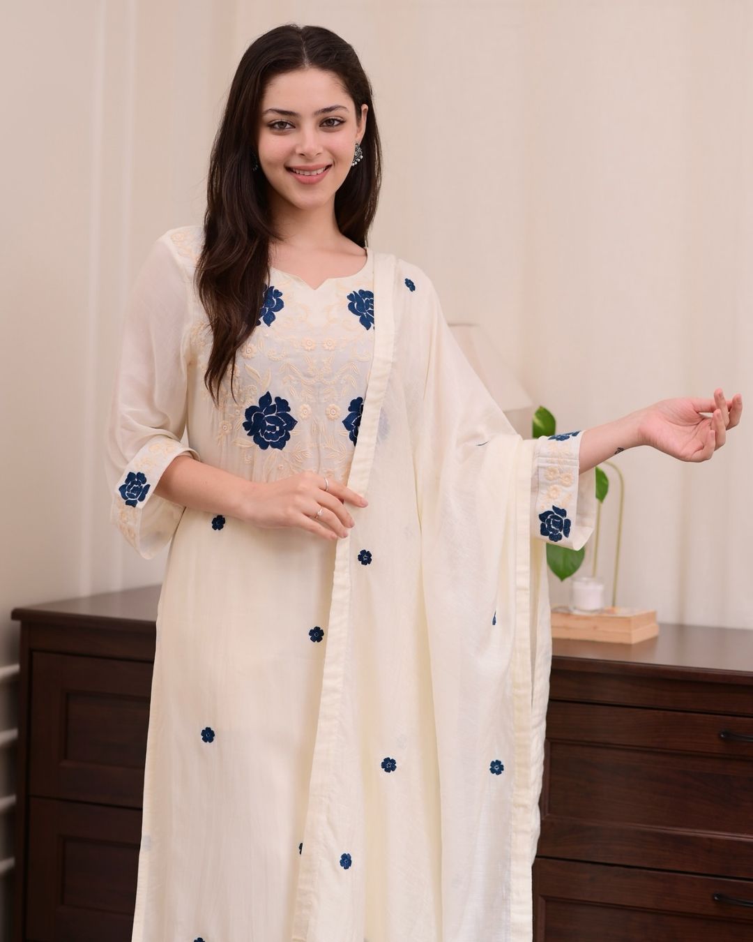 Designer Cream Straight Kurti Set with Dupatta