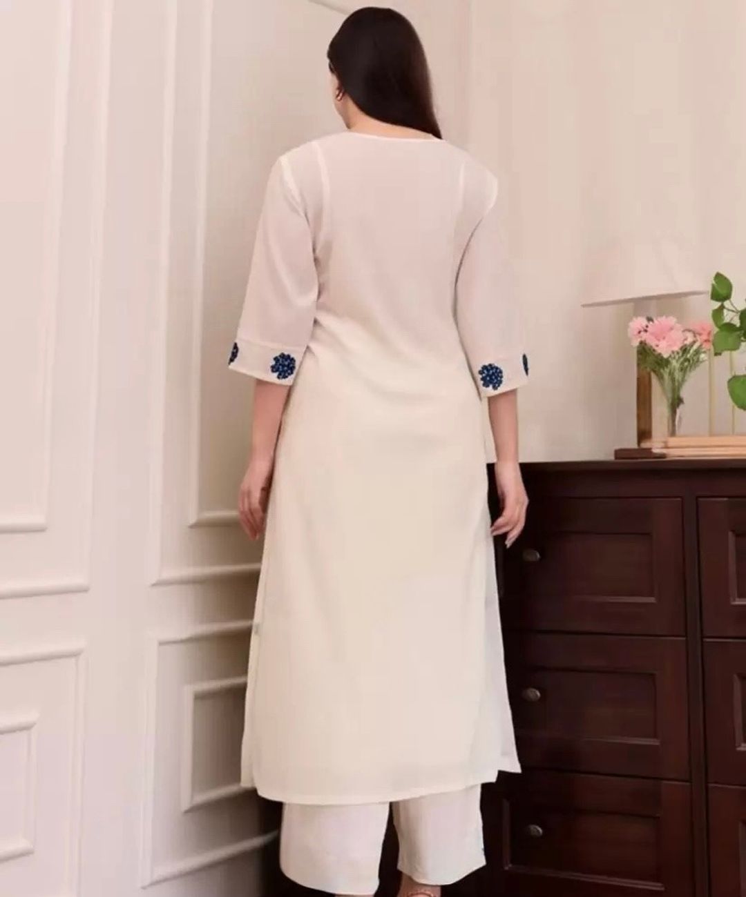 Designer Cream Straight Kurti Set with Dupatta