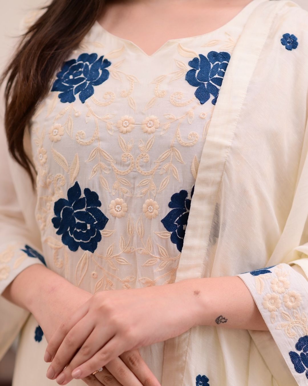 Designer Cream Straight Kurti Set with Dupatta