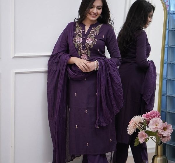 Wine Embroidered Viscose Kurti Set With Dupatta