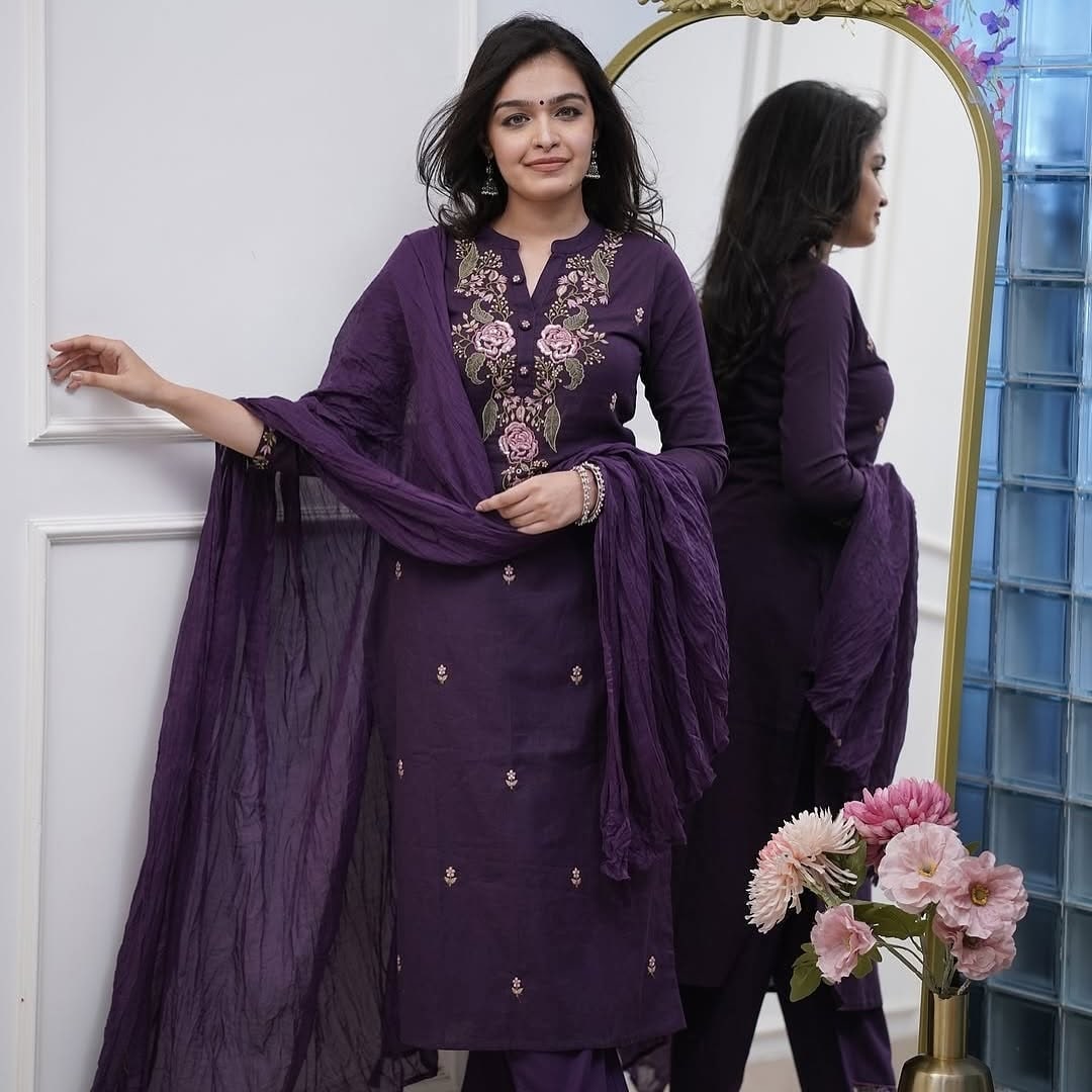 Wine Embroidered Viscose Kurti Set with Dupatta