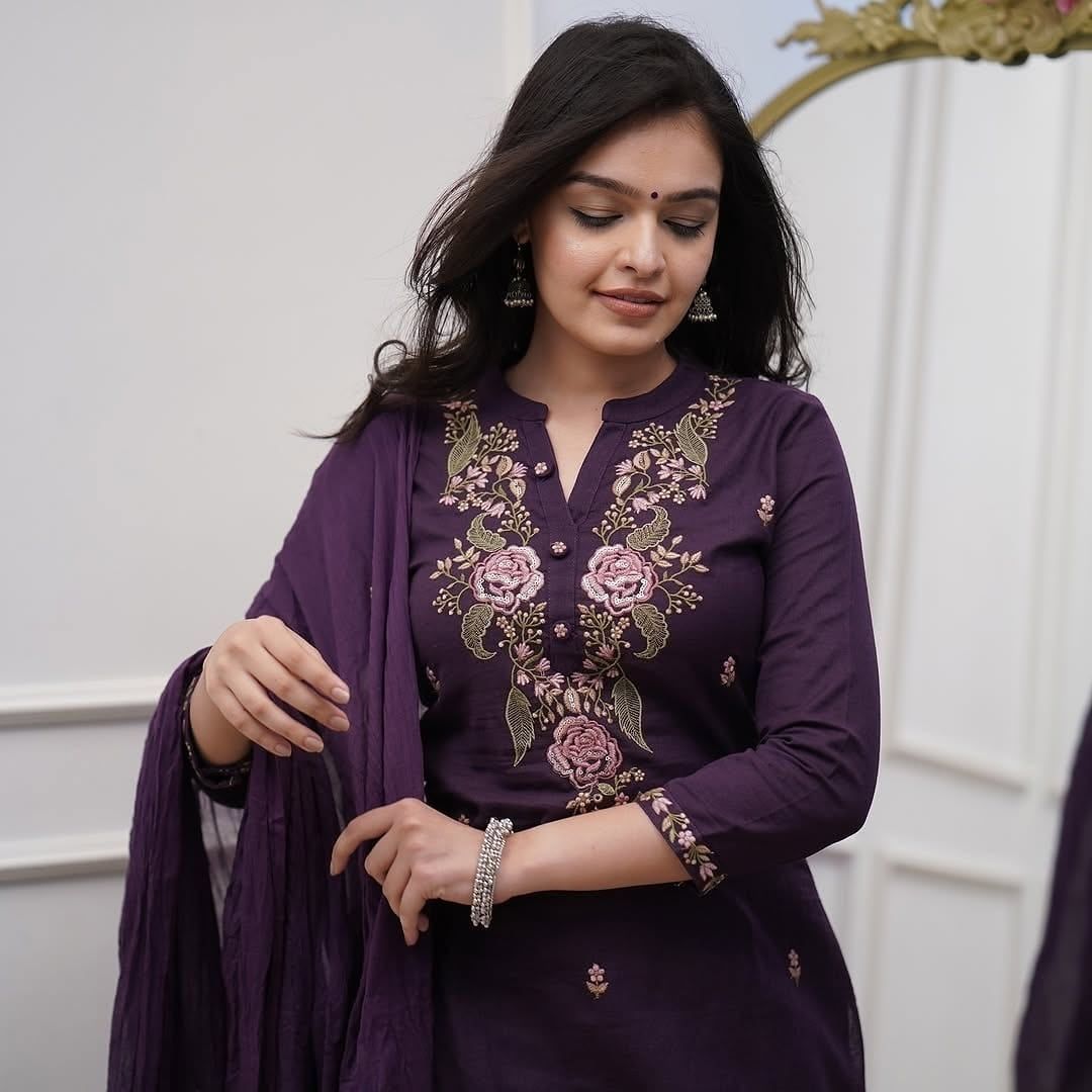 Wine Embroidered Viscose Kurti Set with Dupatta