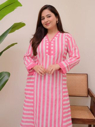 Elegant Pink Stripe Straight Kurta with Palazzo Set