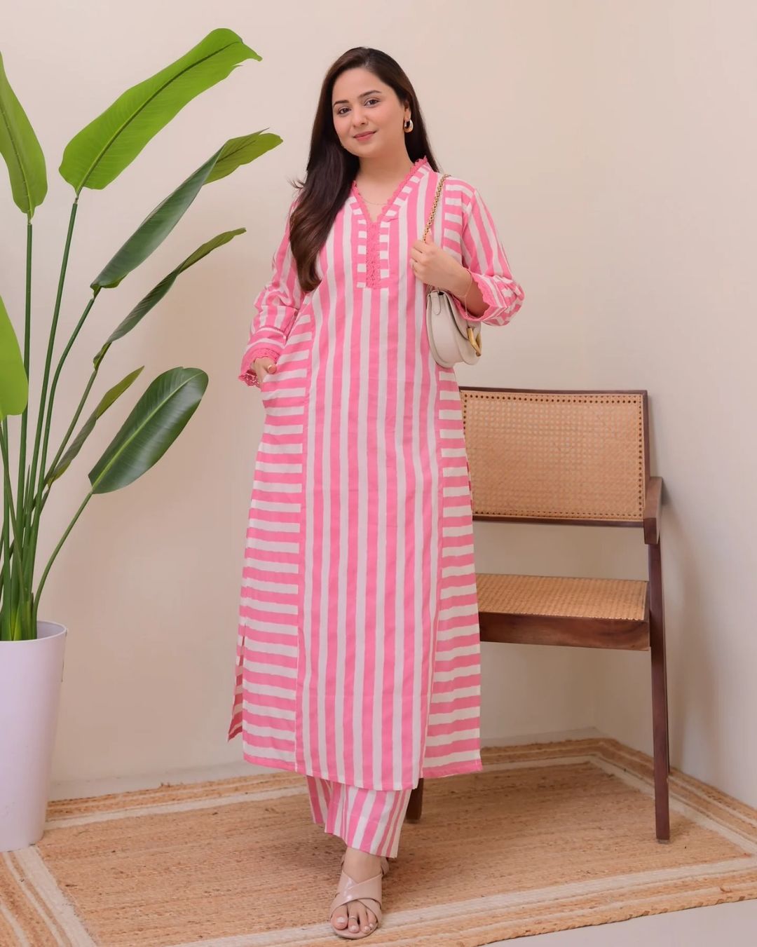 Elegant Pink Stripe Straight Kurta with Palazzo Set