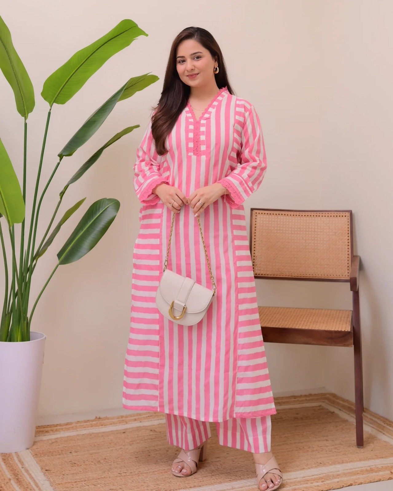 Elegant Pink Stripe Straight Kurta with Palazzo Set