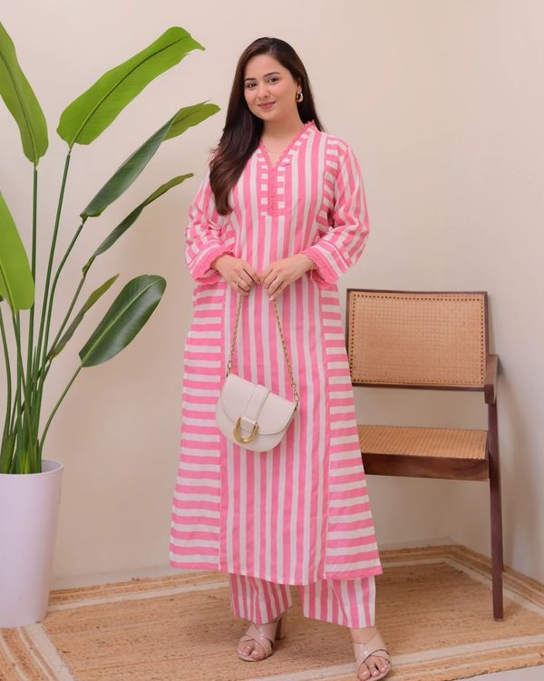 Elegant Pink Stripe Straight Kurta with Palazzo Set
