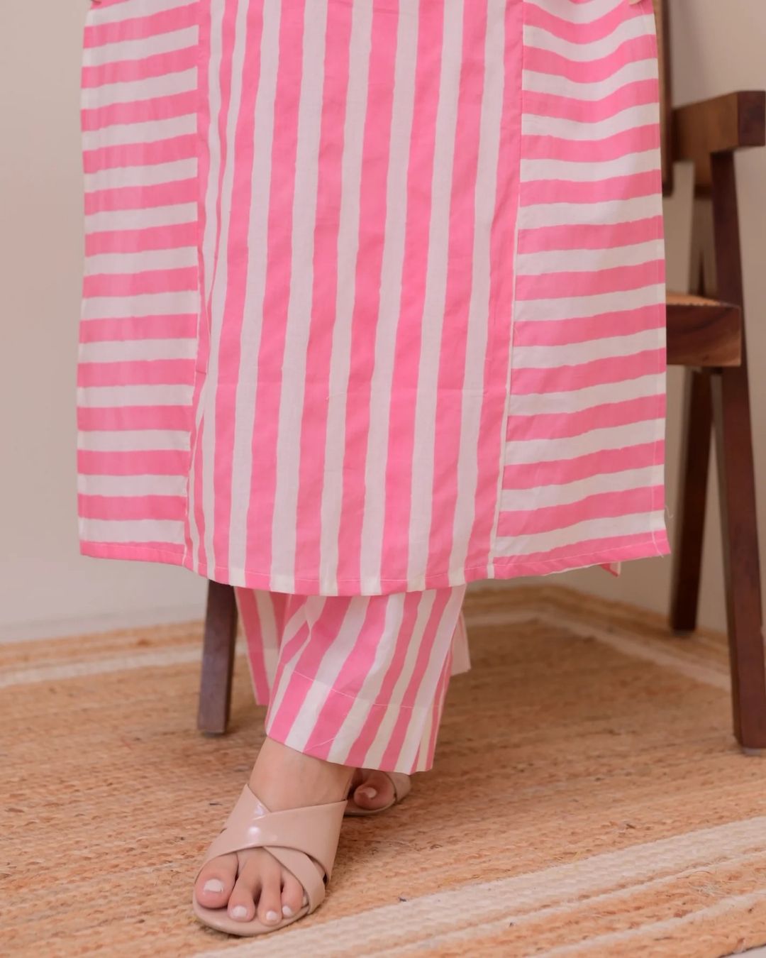 Elegant Pink Stripe Straight Kurta with Palazzo Set