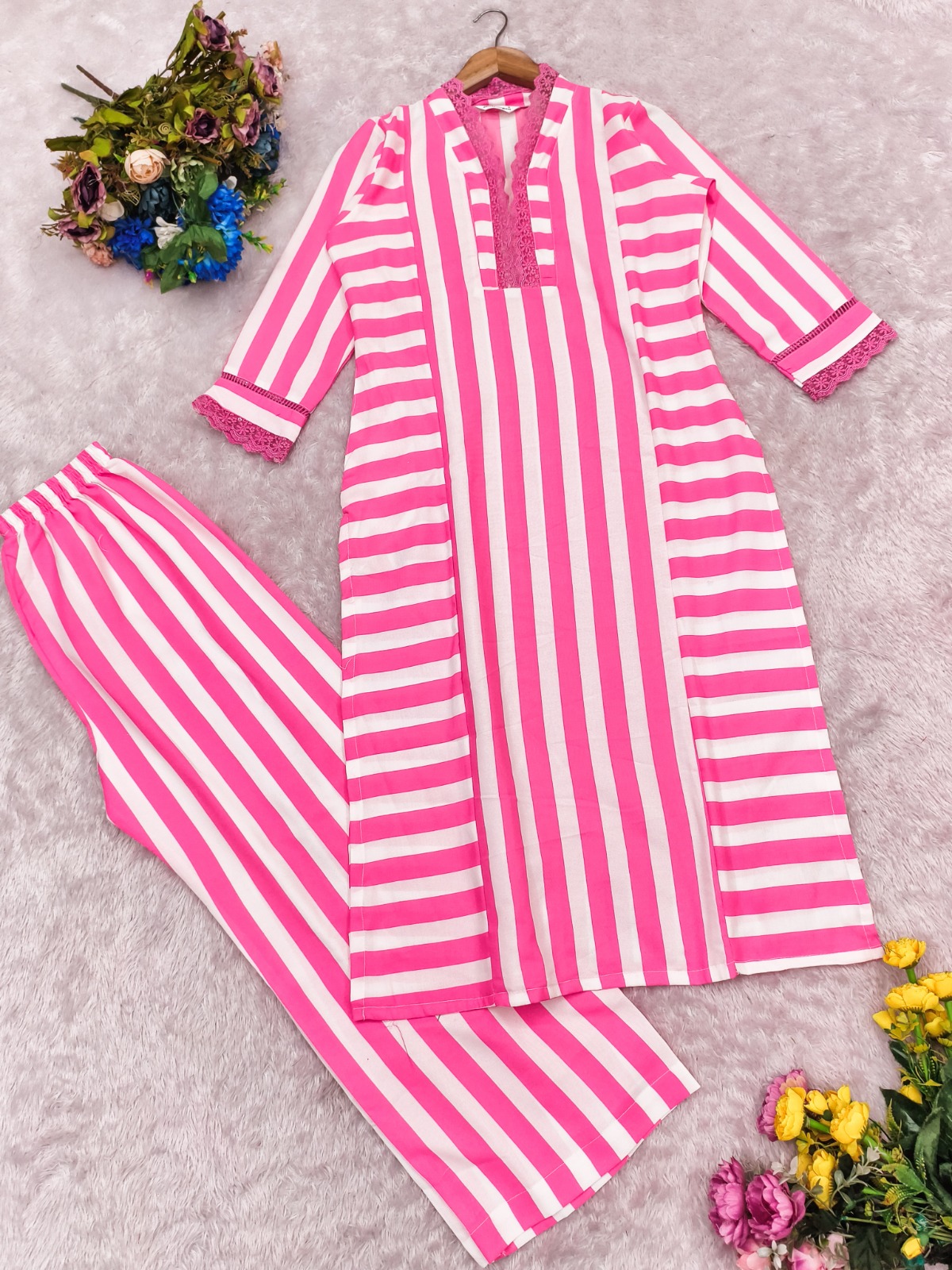 Elegant Pink Stripe Straight Kurta with Palazzo Set