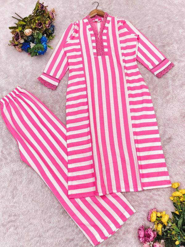 Elegant Pink Stripe Straight Kurta with Palazzo Set