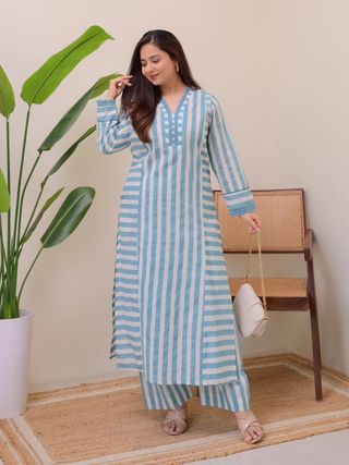 Sky Blue Printed Rayon Kurta Set with Palazzo