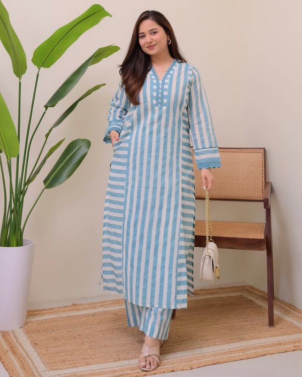Sky Blue Printed Rayon Kurta Set with Palazzo