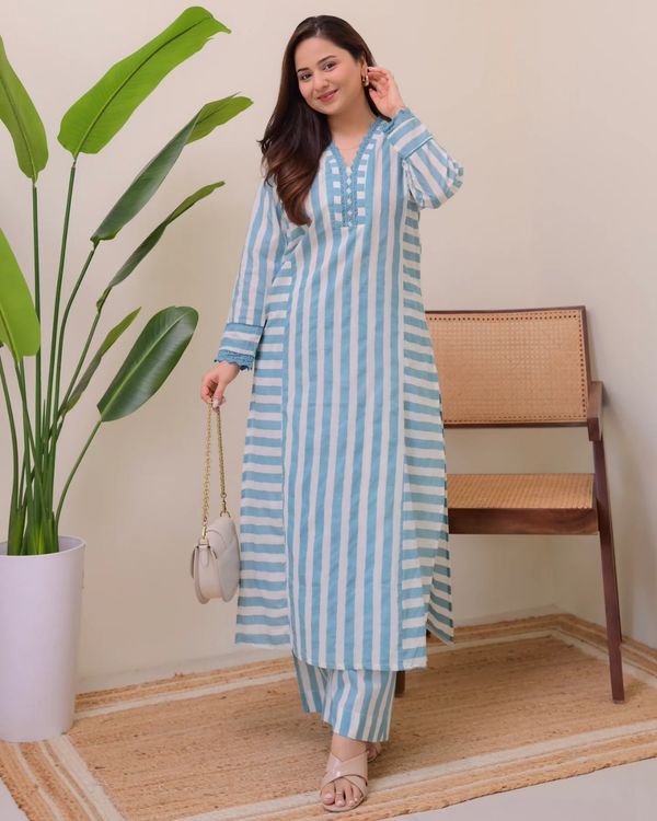 Sky Blue Printed Rayon Kurta Set with Palazzo