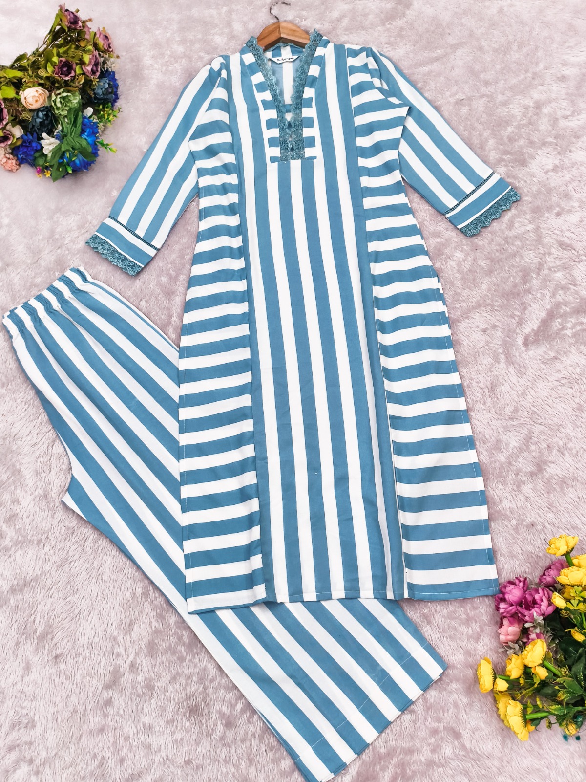 Sky Blue Printed Rayon Kurta Set with Palazzo