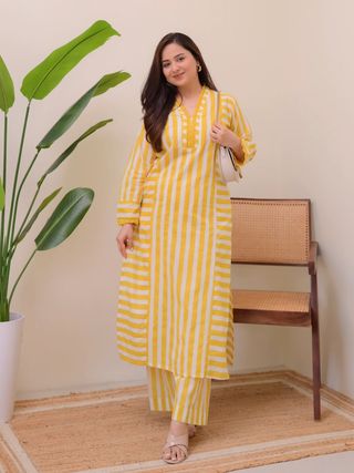 Mustard Yellow Striped Rayon Kurta Palazzo Set Women