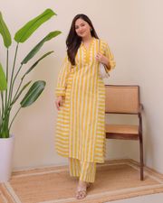 Mustard Yellow Striped Rayon Kurta Palazzo Set Women - Mustard