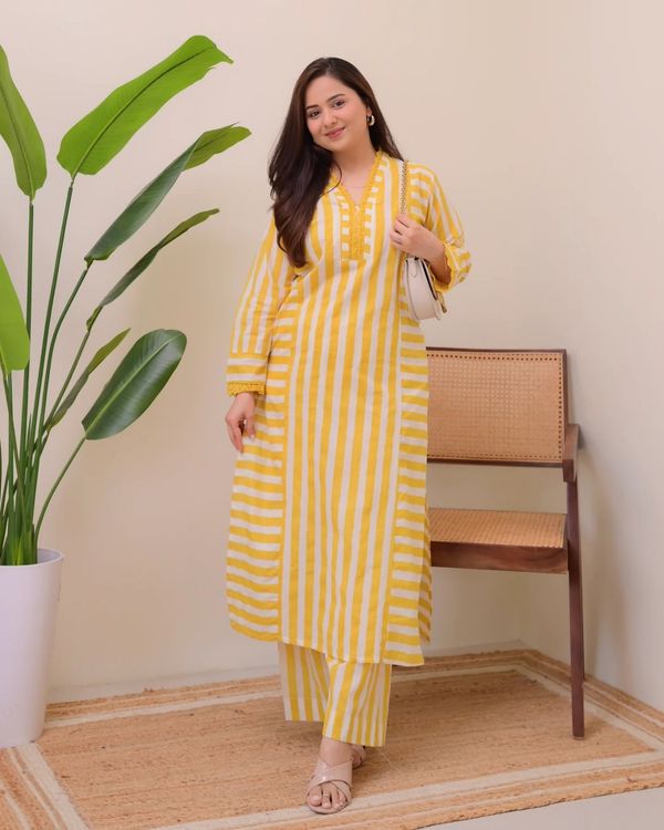 Mustard Yellow Striped Rayon Kurta Palazzo Set Women