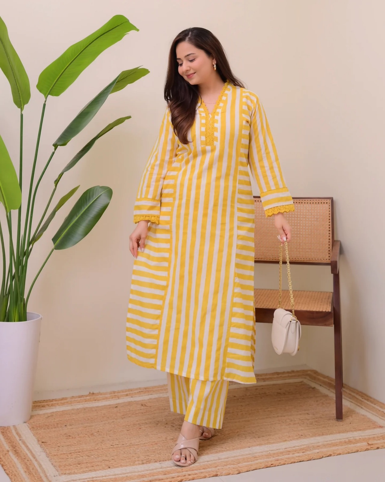 Mustard Yellow Striped Rayon Kurta Palazzo Set Women
