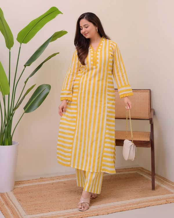 Mustard Yellow Striped Rayon Kurta Palazzo Set Women