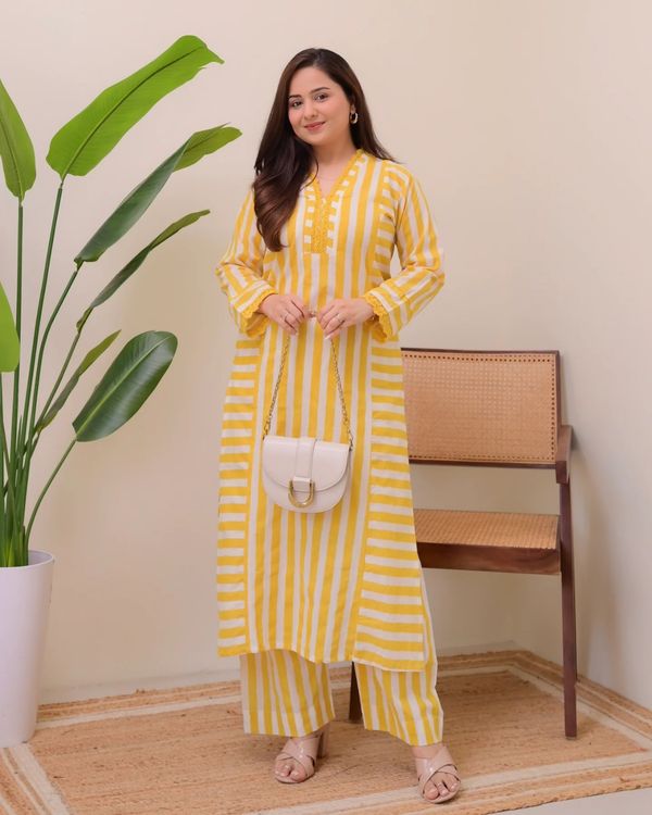 Mustard Yellow Striped Rayon Kurta Palazzo Set Women
