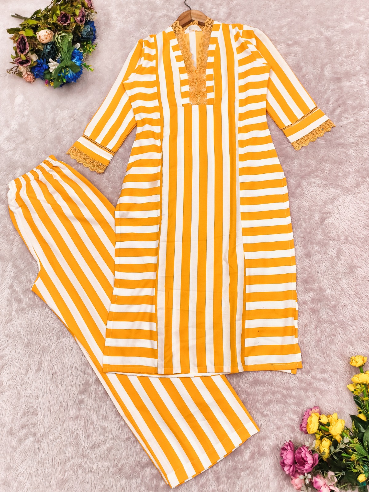Mustard Yellow Striped Rayon Kurta Palazzo Set Women