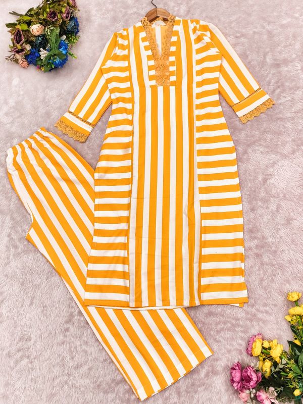 Mustard Yellow Striped Rayon Kurta Palazzo Set Women