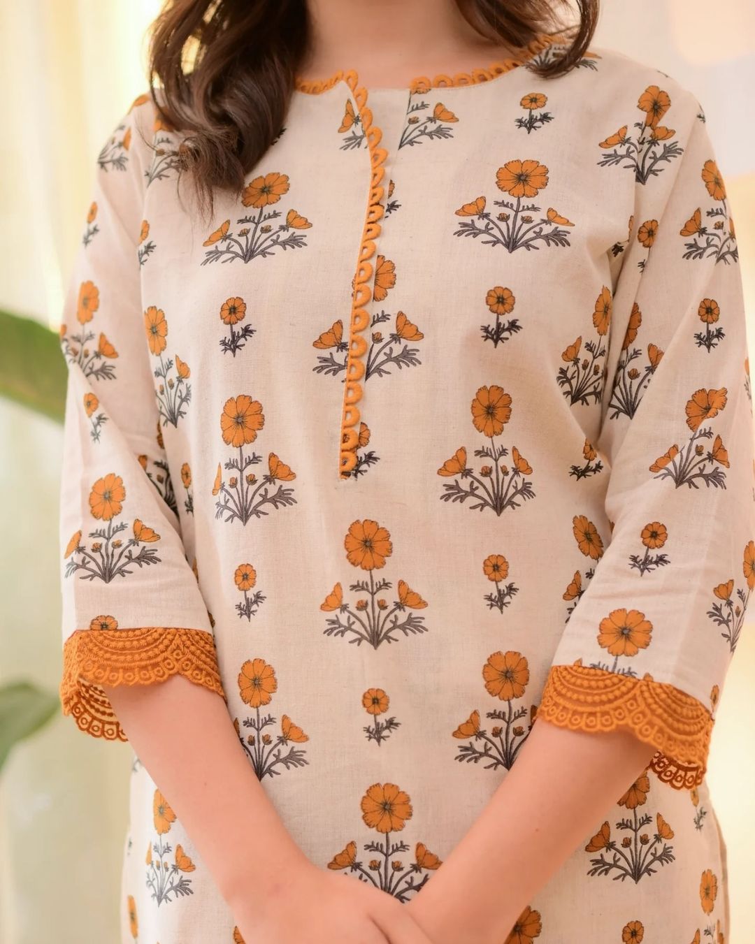 Floral Rayon Kurta Pant Set Cream Orange Online Varnavi
