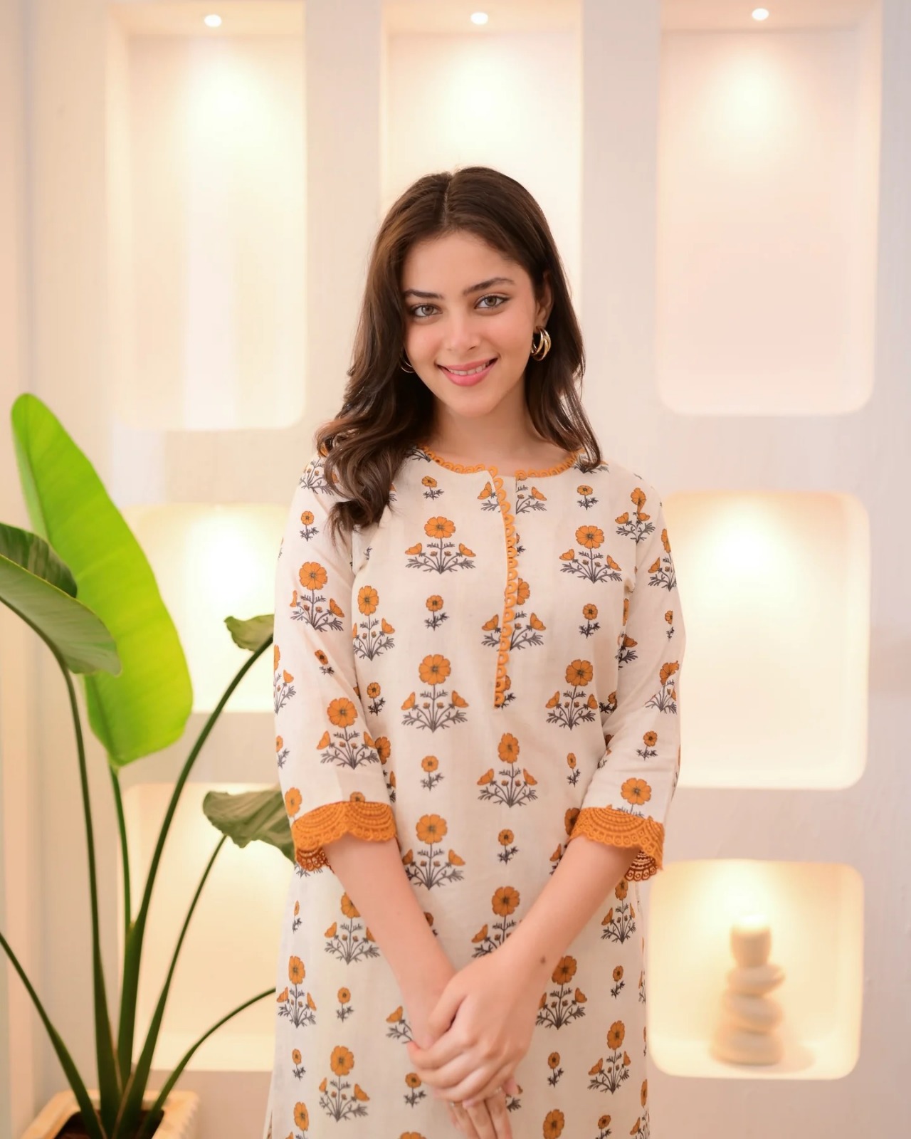 Floral Rayon Kurta Pant Set Cream Orange Online Varnavi