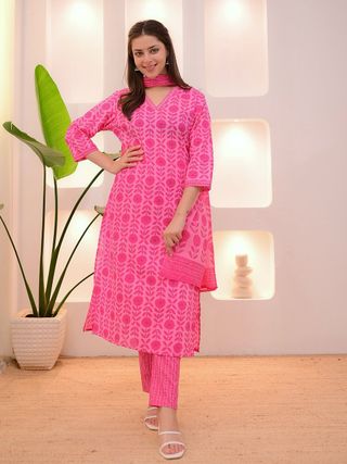 Pink Printed Rayon Kurta Set with Dupatta for Elegant Everyday Wear