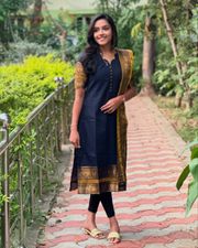 Royal Navy Blue Kanchi Cotton Kurta Set with Elegant Woven Dupatta - Blue