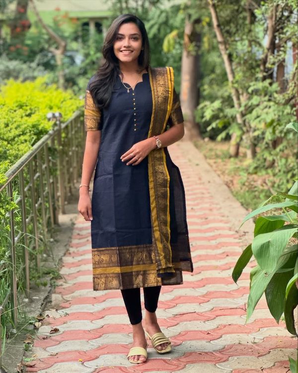 Royal Navy Blue Kanchi Cotton Kurta Set with Elegant Woven Dupatta