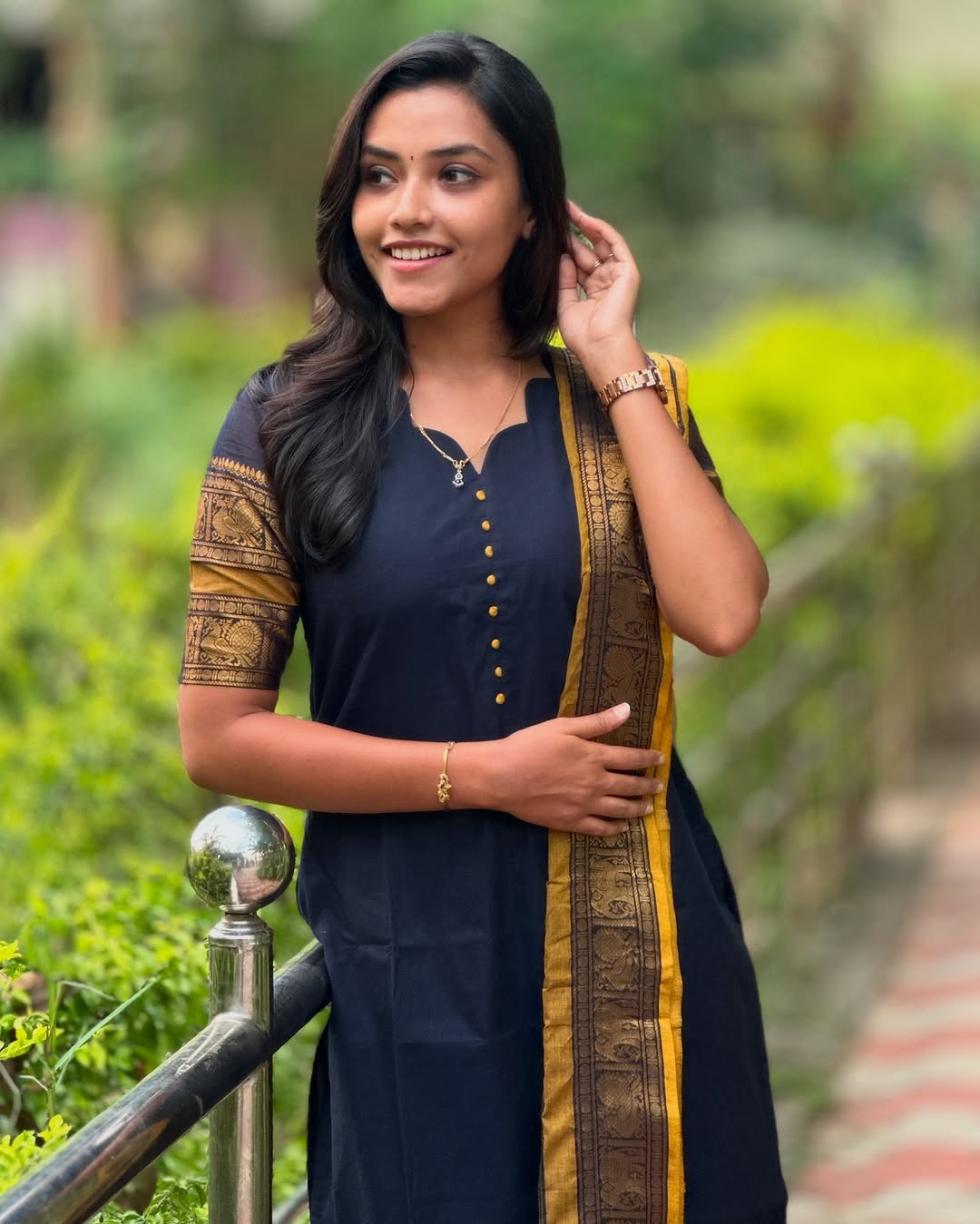 Royal Navy Blue Kanchi Cotton Kurta Set with Elegant Woven Dupatta