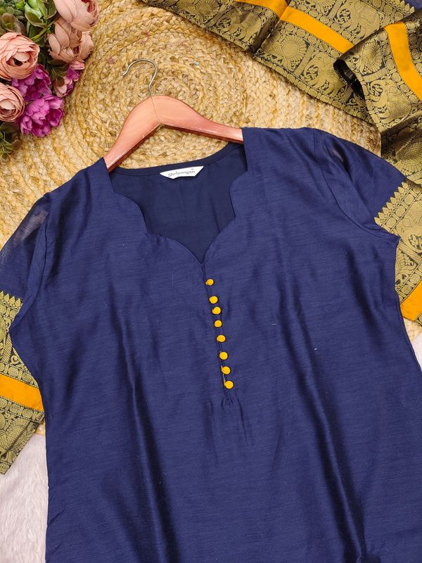 Royal Navy Blue Kanchi Cotton Kurta Set with Elegant Woven Dupatta