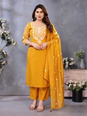 Elegant Mustard Chanderi Cotton Kurta Set with Embroidery - Mustard