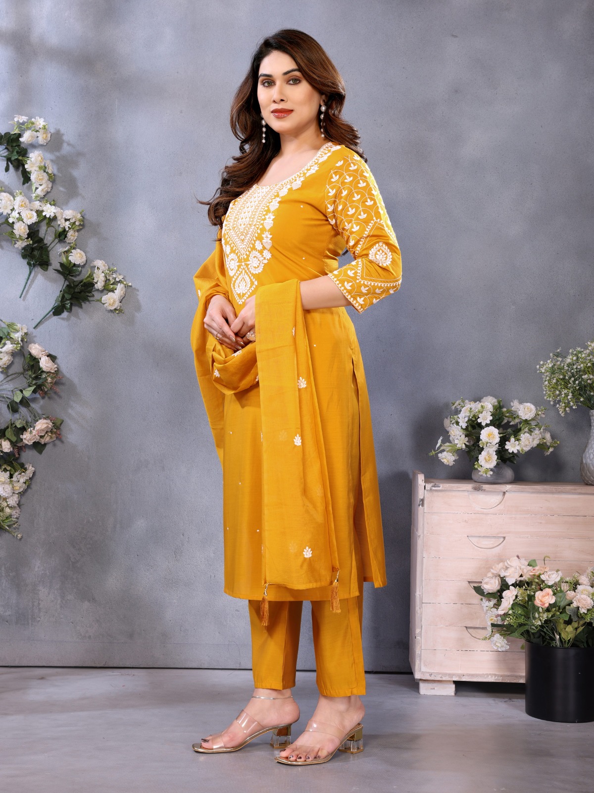 Elegant Mustard Chanderi Cotton Kurta Set with Embroidery