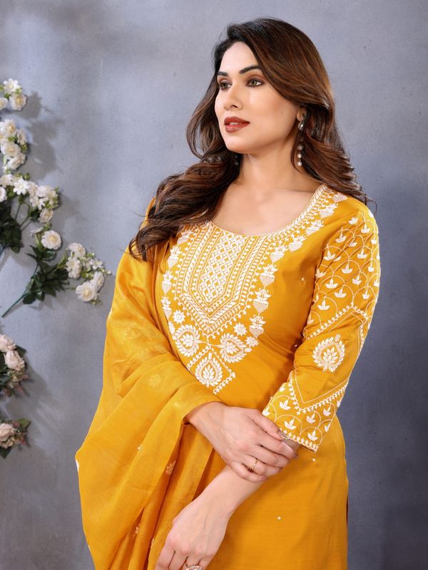 Elegant Mustard Chanderi Cotton Kurta Set with Embroidery