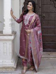 Rich Wine Chanderi Cotton Kurta Set with Elegant Jacquard Dupatta - wine