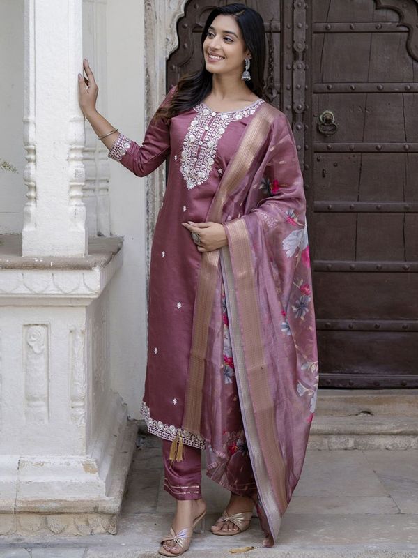 Rich Wine Chanderi Cotton Kurta Set with Elegant Jacquard Dupatta