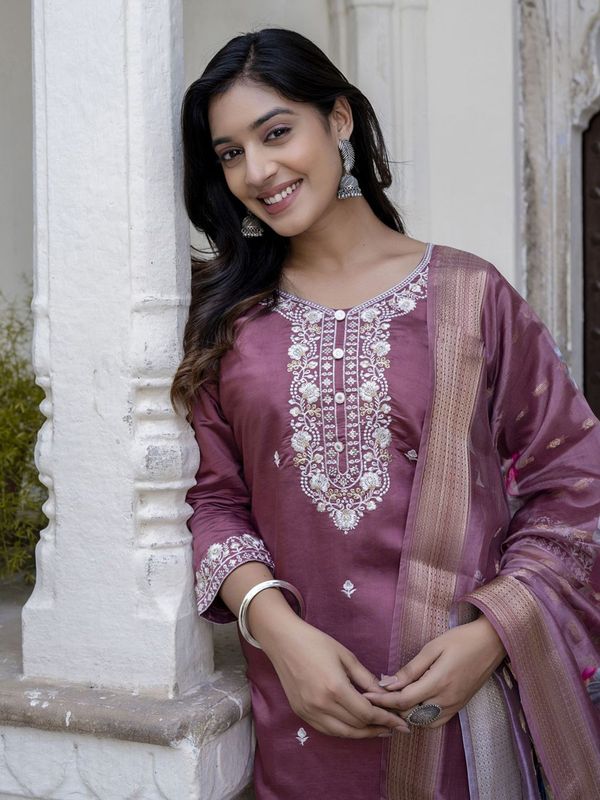 Rich Wine Chanderi Cotton Kurta Set with Elegant Jacquard Dupatta