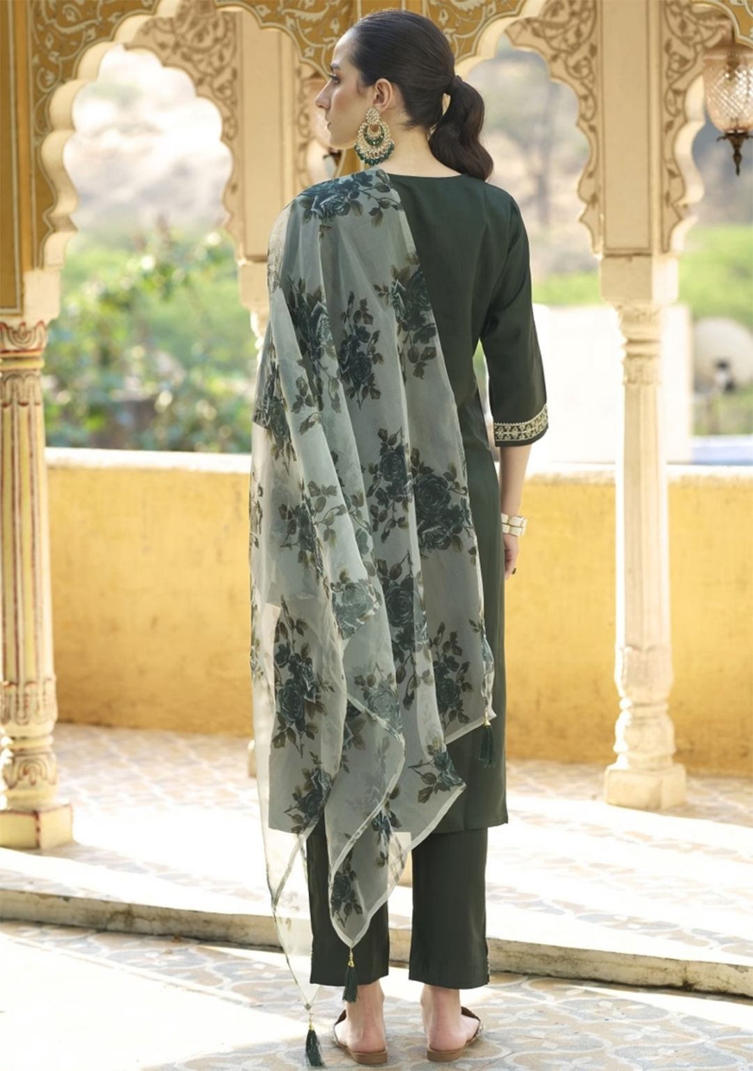 Royal Dark Green Chanderi Cotton Kurta Set with Elegant Organza Dupatta