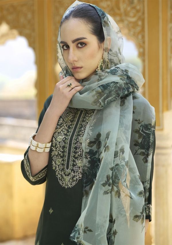 Royal Dark Green Chanderi Cotton Kurta Set with Elegant Organza Dupatta