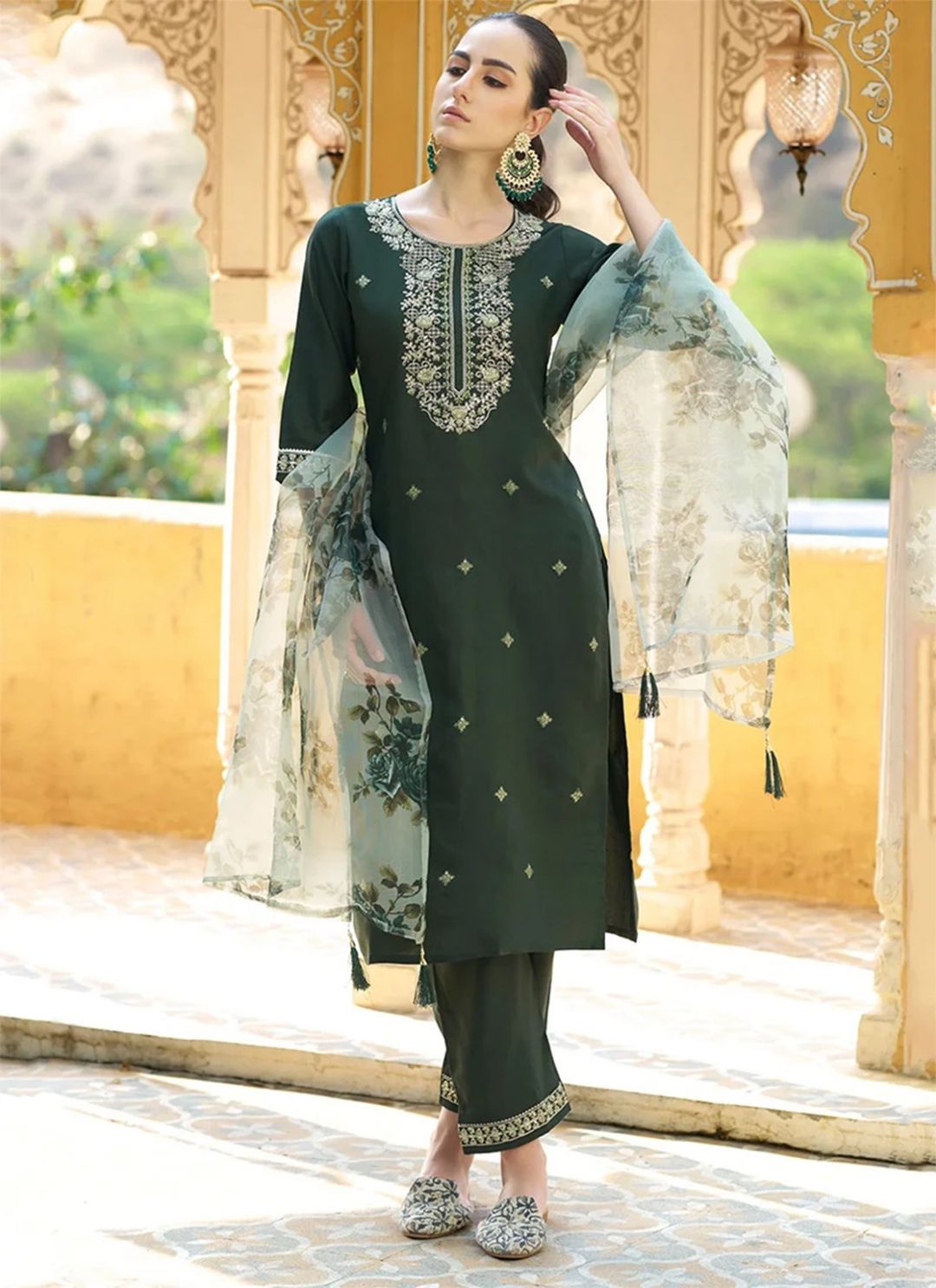 Royal Dark Green Chanderi Cotton Kurta Set with Elegant Organza Dupatta