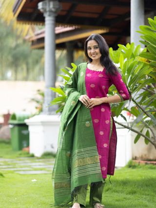 Elegant Pink and  Green Kanchi Cotton Kurta Set with Traditional Dupatta